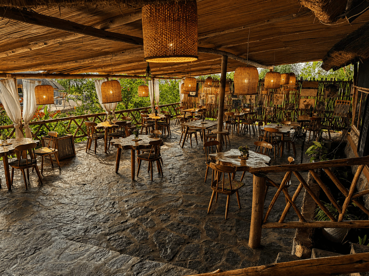 The Elephant Oasis open-air dining terrace — live-edge tables, wooden chairs, woven pendant lights, stone floor, and garden view, Murchison Falls Uganda