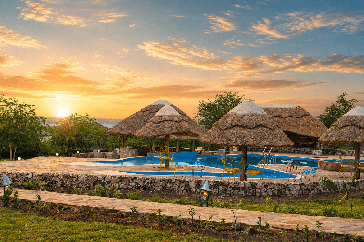 The elephant-shaped pool at The Elephant Oasis with thatched pavilions and open sky, Murchison Falls Uganda