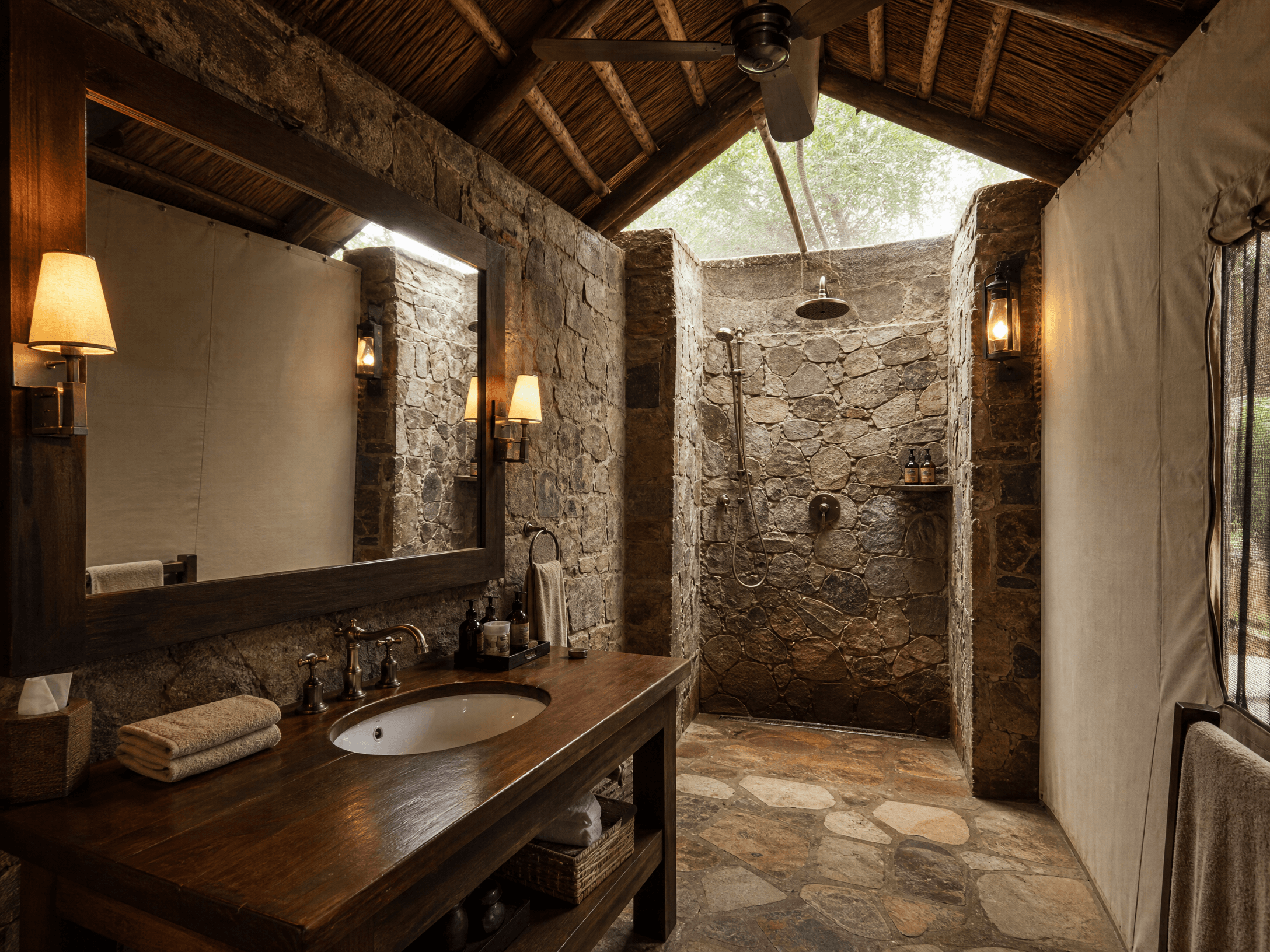 Deluxe Safari Tent en suite bathroom — African stone floor and walls, hardwood vanity, overhead and handheld shower open to the sky, The Elephant Oasis, Murchison Falls Uganda