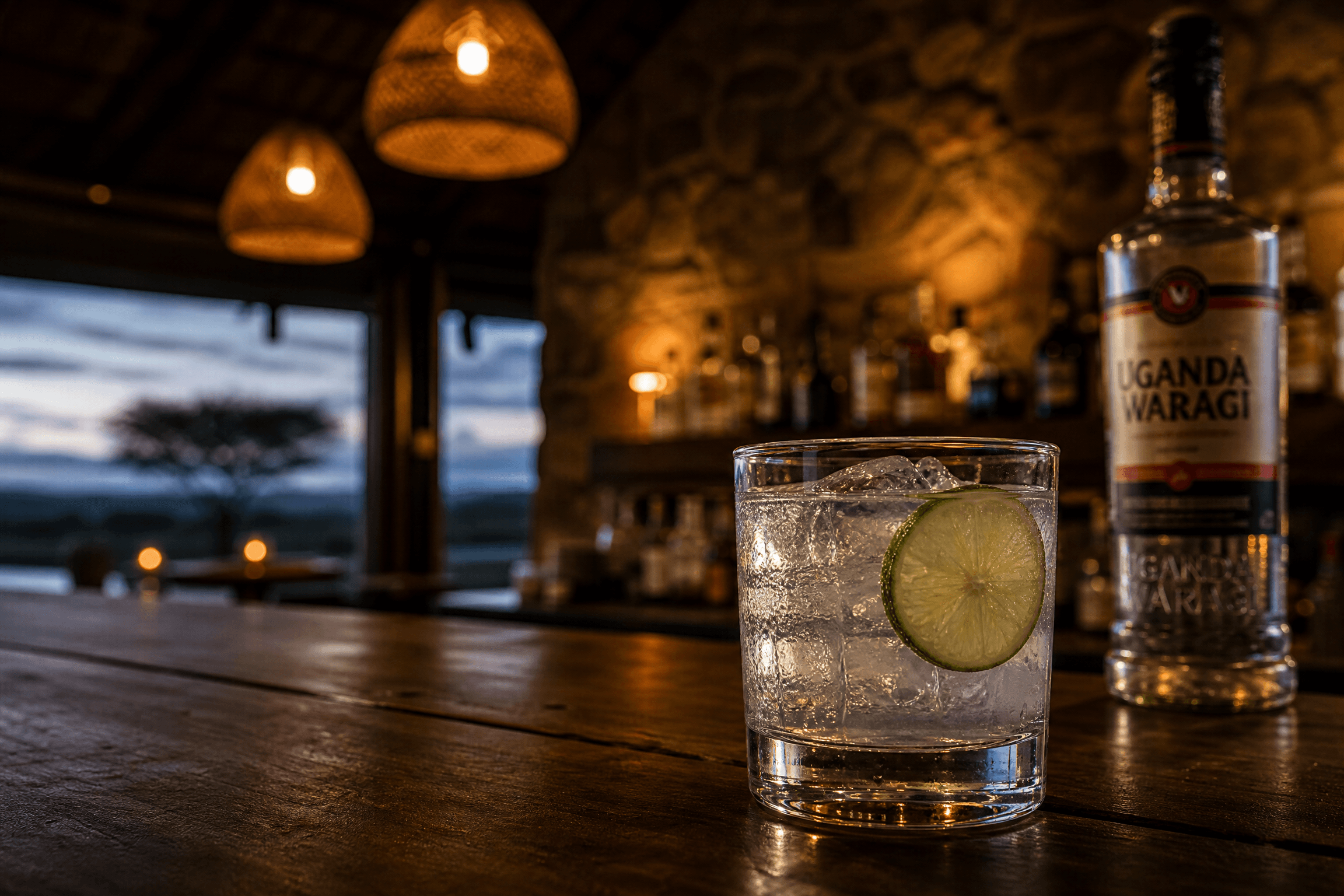 The Oasis Waragi cocktail — a glass of Uganda Waragi with lime on the timber bar top, warm pendant lights and stone wall behind, The Elephant Oasis, Murchison Falls Uganda