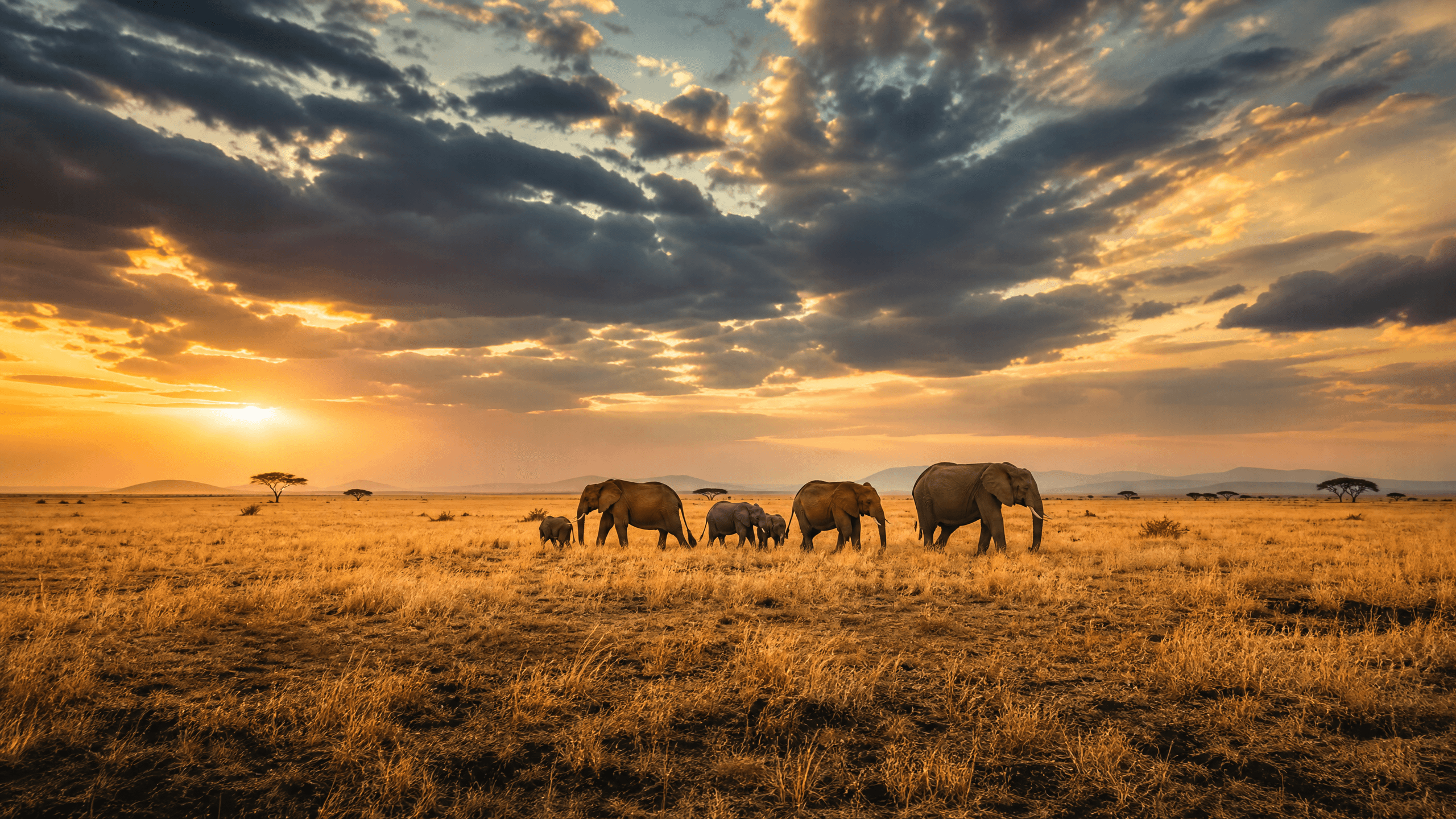 Elephant herd walking through golden dry-season savanna grass at sunset in Murchison Falls National Park, Uganda