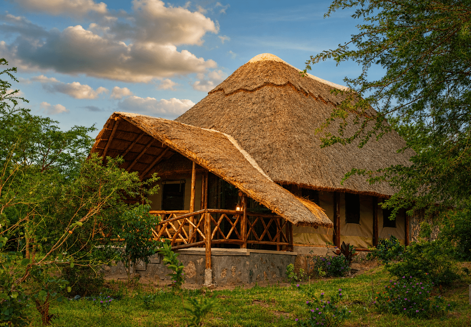 The Elephant Oasis safari tents — thatched rooftops, stone paths, and lush grounds at Murchison Falls, Uganda