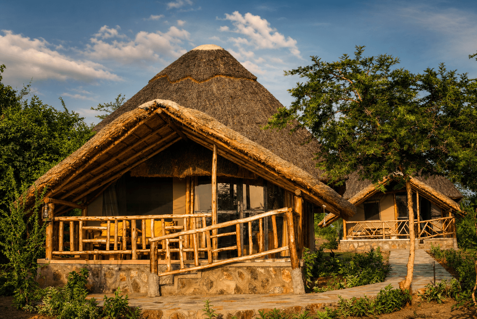 Luxury Safari Tent exterior — wide thatched roof, timber pole deck with private outdoor seating, and stone path at The Elephant Oasis, Murchison Falls Uganda