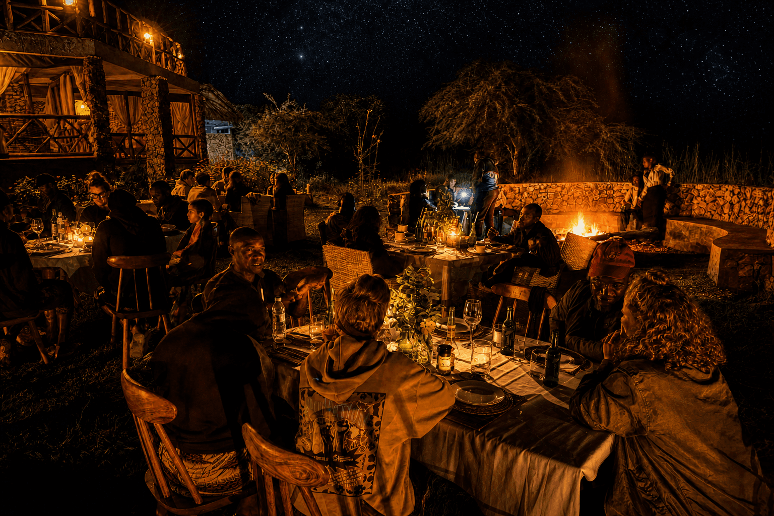Outdoor bonfire dinner at The Elephant Oasis under a starry African sky, Murchison Falls Uganda