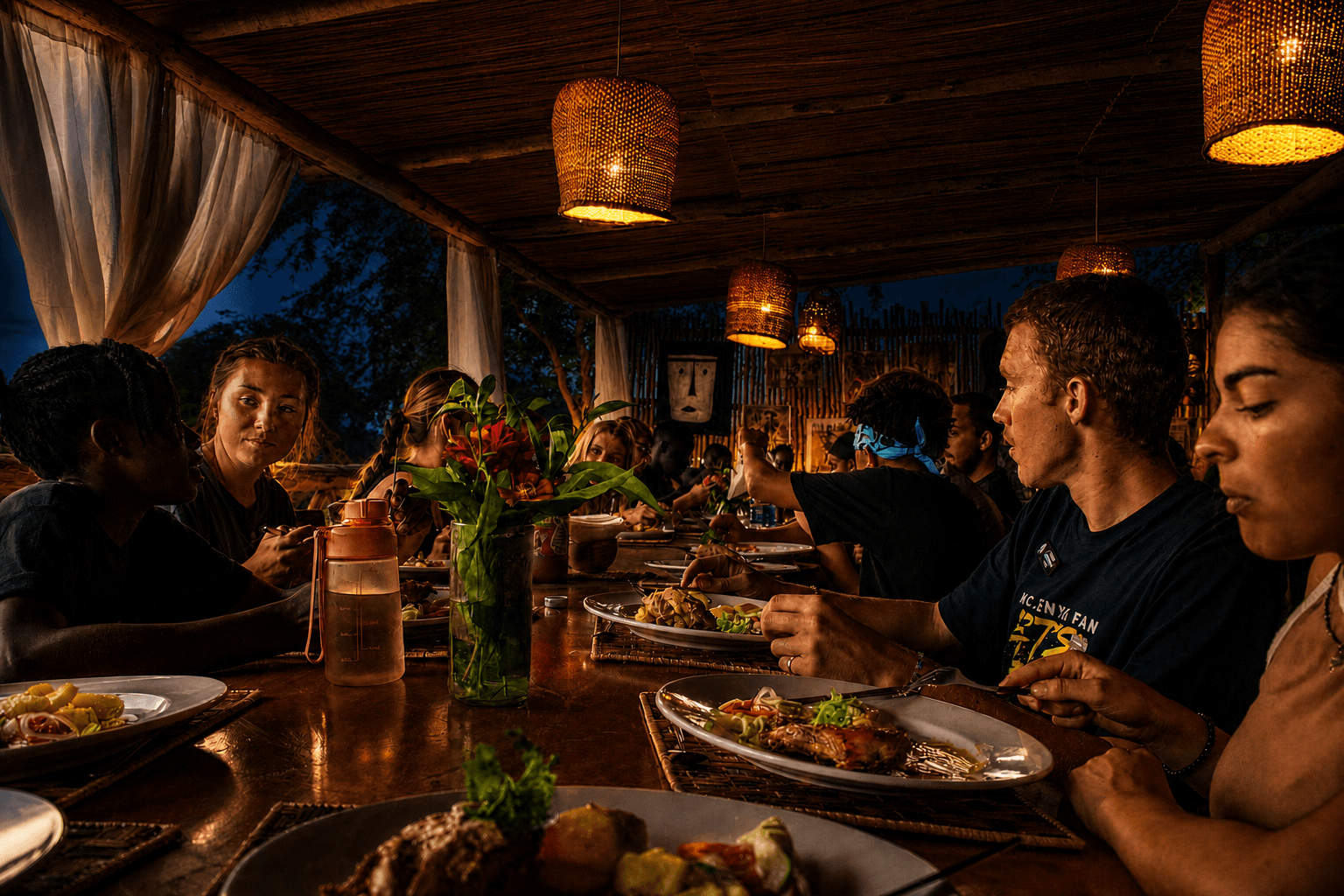 Guests dining at The Elephant Oasis terrace under woven pendant lights at night, Murchison Falls Uganda