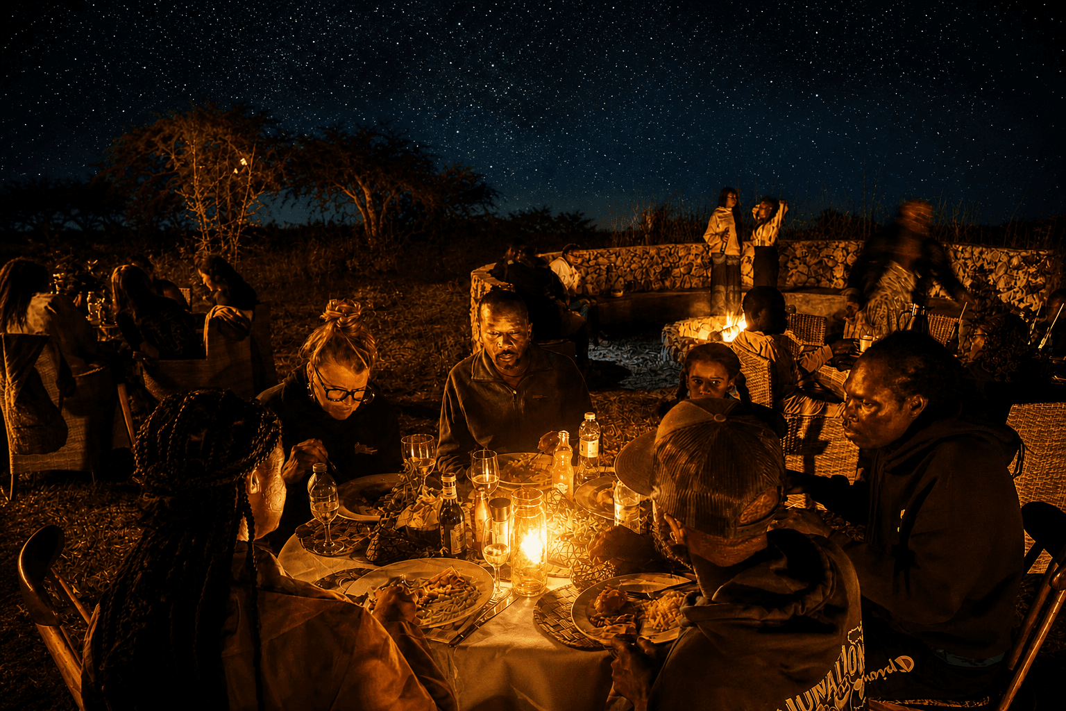 Guests dining outdoors by candlelight under the stars at The Elephant Oasis, Murchison Falls Uganda