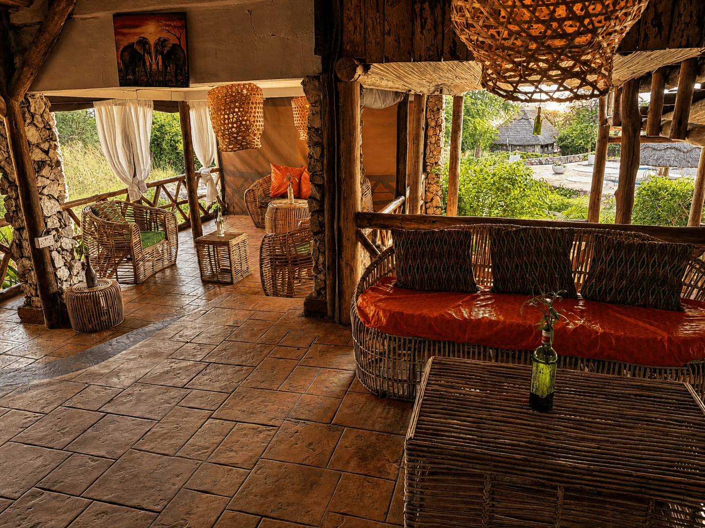 Reception area at The Elephant Oasis, with a large elephant canvas painting in the background